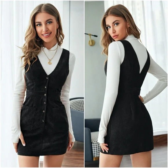 Brown Button down corduroy pocket mini dress - Picture 3 of 12